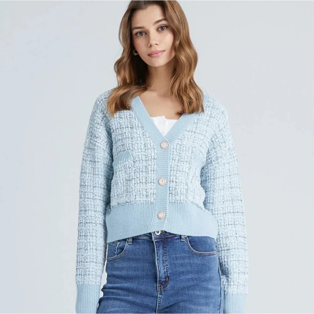 URBAN REVIVO Women's Blue Plaid Button Down Knit Cardigan Preppy Pearl Button XL